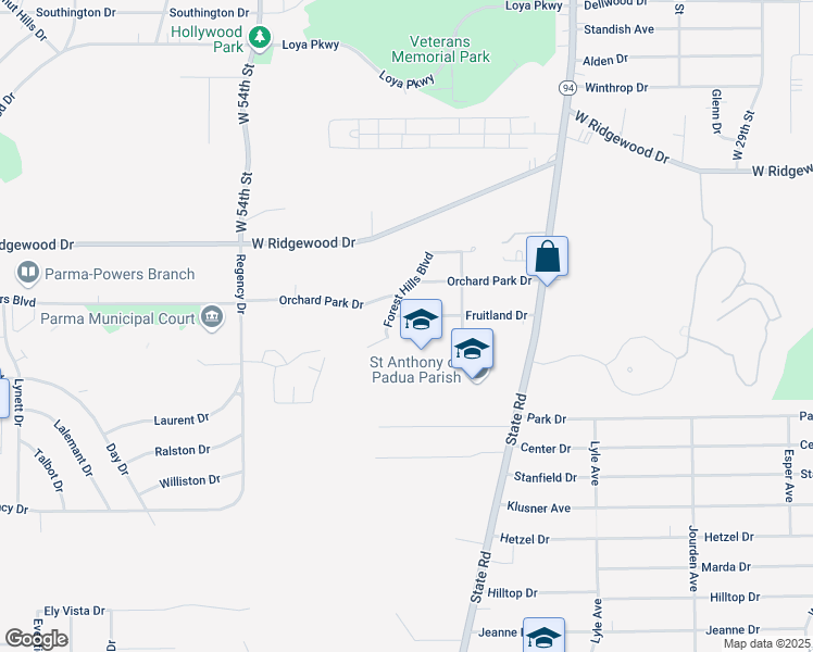 map of restaurants, bars, coffee shops, grocery stores, and more near 4521 Fruitland Drive in Parma