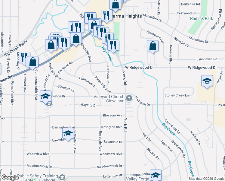 map of restaurants, bars, coffee shops, grocery stores, and more near 6655 Kingsdale Boulevard in Parma Heights