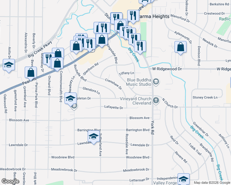map of restaurants, bars, coffee shops, grocery stores, and more near 6687 Rochelle Boulevard in Parma Heights