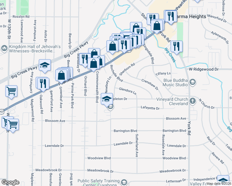 map of restaurants, bars, coffee shops, grocery stores, and more near 6675 Sherborn Road in Parma Heights