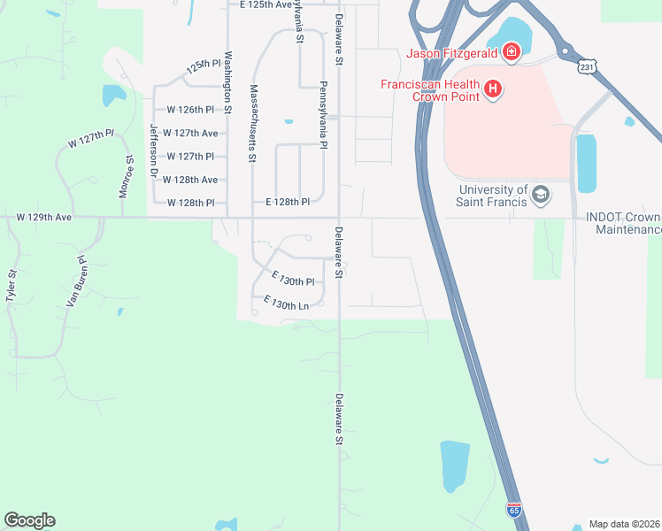 map of restaurants, bars, coffee shops, grocery stores, and more near 13033 Pennsylvania Pl in Crown Point