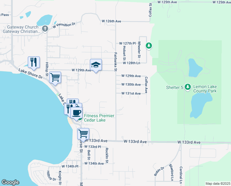 map of restaurants, bars, coffee shops, grocery stores, and more near 13000 Fairbanks Street in Cedar Lake
