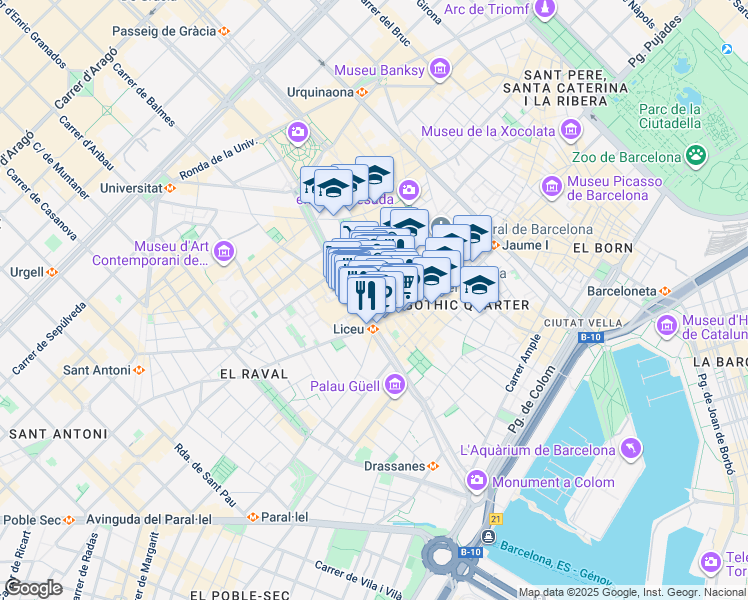 map of restaurants, bars, coffee shops, grocery stores, and more near 13 Carrer del Cardenal Casañas in Barcelona