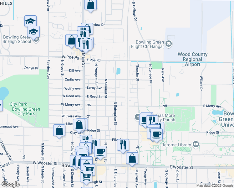 map of restaurants, bars, coffee shops, grocery stores, and more near 710 North Enterprise Street in Bowling Green
