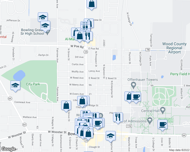map of restaurants, bars, coffee shops, grocery stores, and more near 137 E Reed Ave in Bowling Green