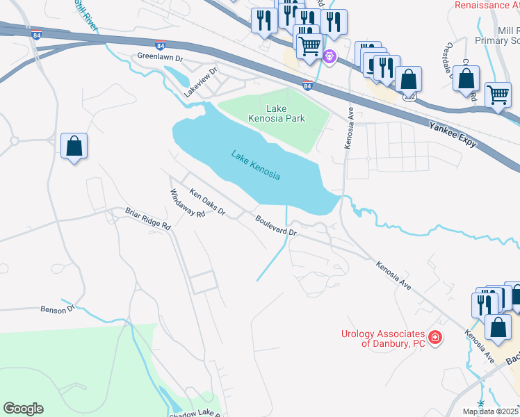 map of restaurants, bars, coffee shops, grocery stores, and more near 85 Boulevard Drive in Danbury