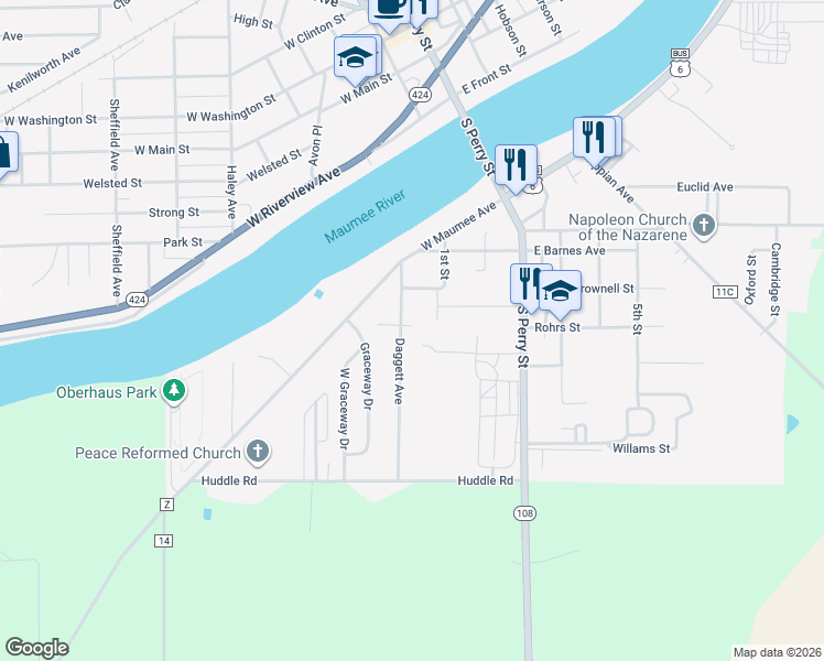 map of restaurants, bars, coffee shops, grocery stores, and more near 804 Daggett Avenue in Napoleon
