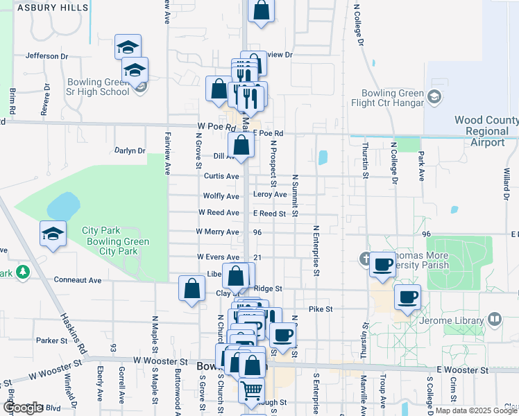 map of restaurants, bars, coffee shops, grocery stores, and more near 137 East Reed Avenue in Bowling Green