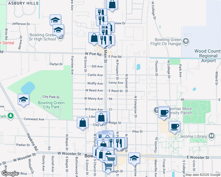map of restaurants, bars, coffee shops, grocery stores, and more near 700 North Main Street in Bowling Green