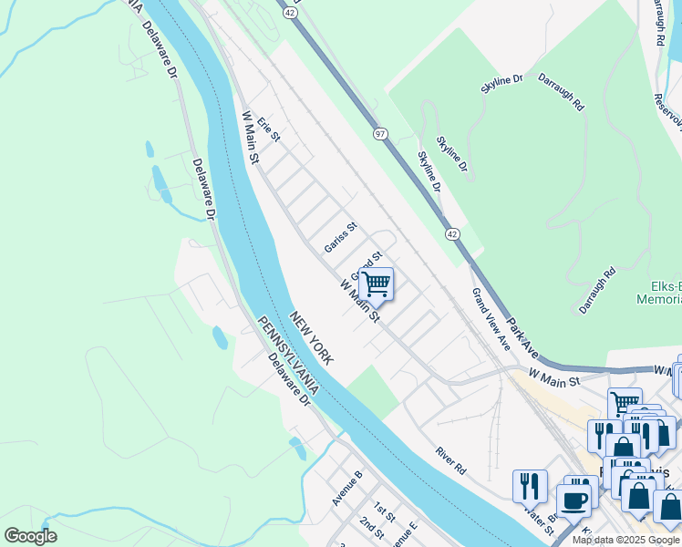 map of restaurants, bars, coffee shops, grocery stores, and more near 203 West Main Street in Port Jervis