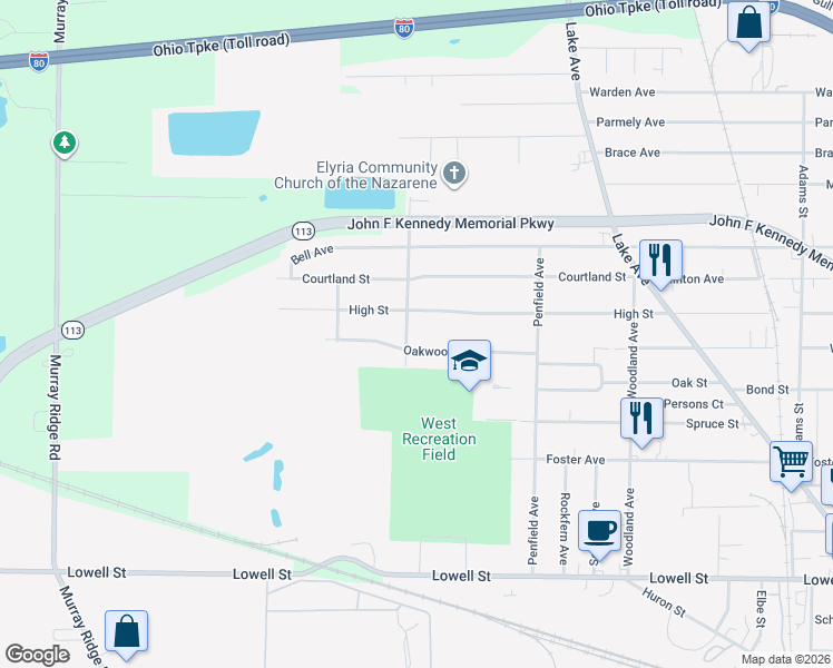 map of restaurants, bars, coffee shops, grocery stores, and more near 985 Oakwood Drive in Elyria