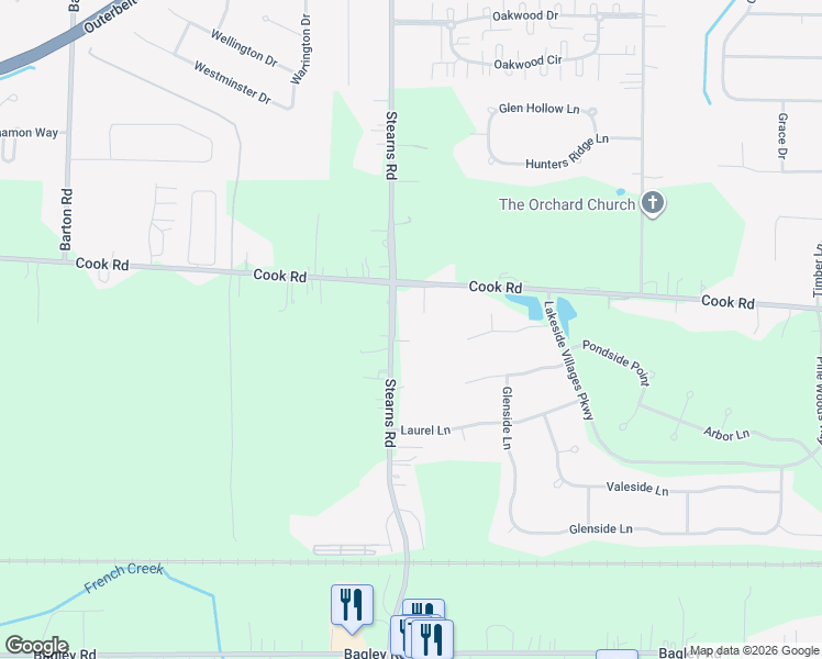 map of restaurants, bars, coffee shops, grocery stores, and more near 7429 Stearns Road in Cuyahoga County