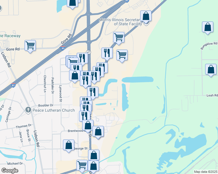 map of restaurants, bars, coffee shops, grocery stores, and more near 412 Jessica Court in Morris