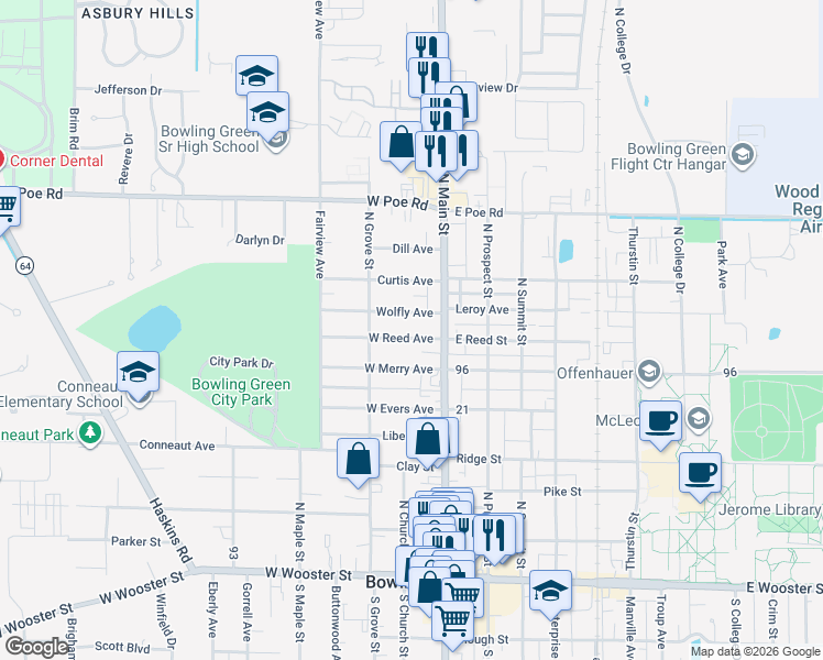 map of restaurants, bars, coffee shops, grocery stores, and more near 134 West Reed Avenue in Bowling Green