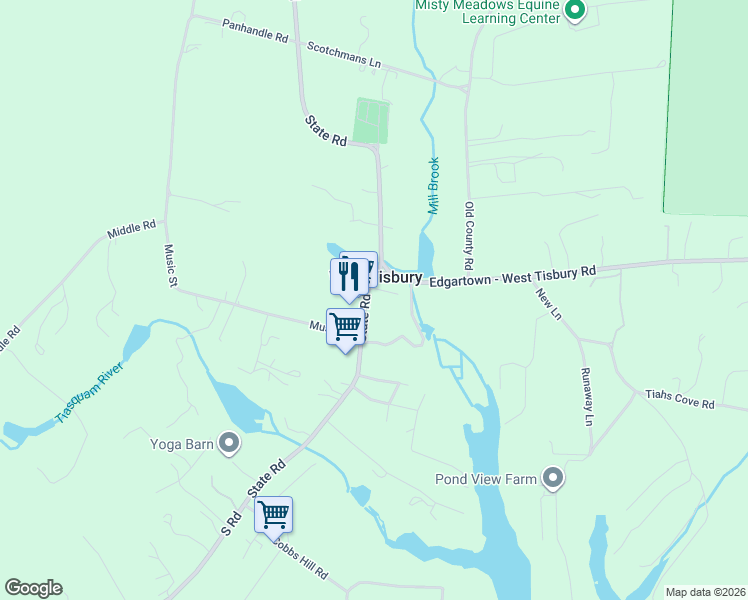map of restaurants, bars, coffee shops, grocery stores, and more near 2 State Road in West Tisbury