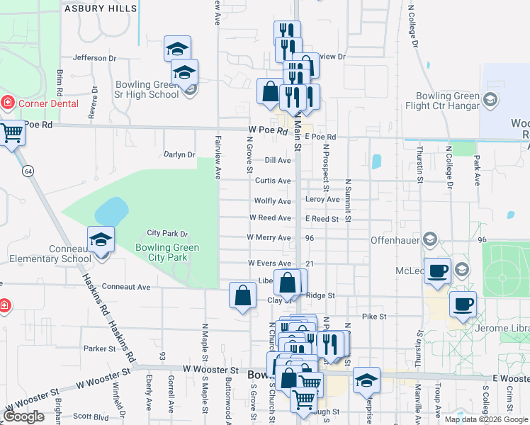 map of restaurants, bars, coffee shops, grocery stores, and more near 134 West Reed Avenue in Bowling Green