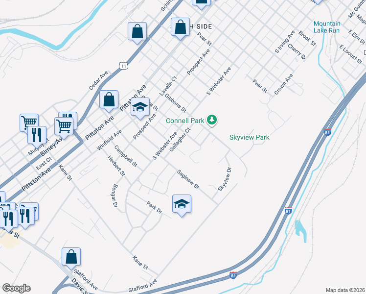 map of restaurants, bars, coffee shops, grocery stores, and more near 709 Connell St in Scranton
