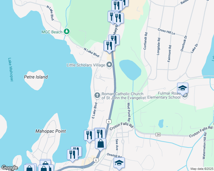 map of restaurants, bars, coffee shops, grocery stores, and more near 2 Tadler Drive in Mahopac