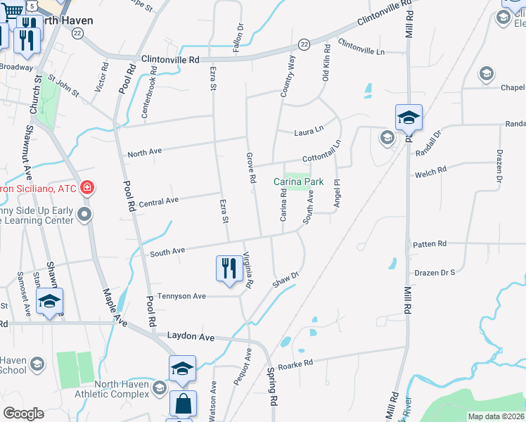 map of restaurants, bars, coffee shops, grocery stores, and more near 97 Grove Road in North Haven