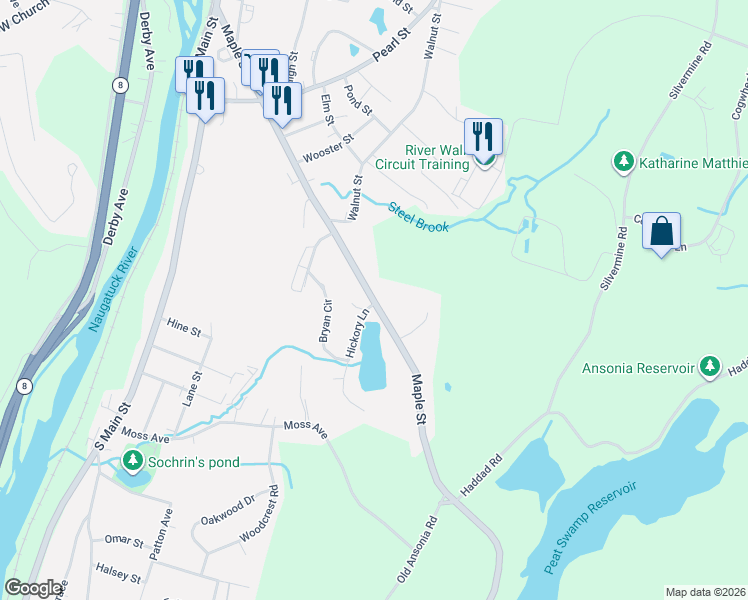 map of restaurants, bars, coffee shops, grocery stores, and more near 130 Maple St in Seymour