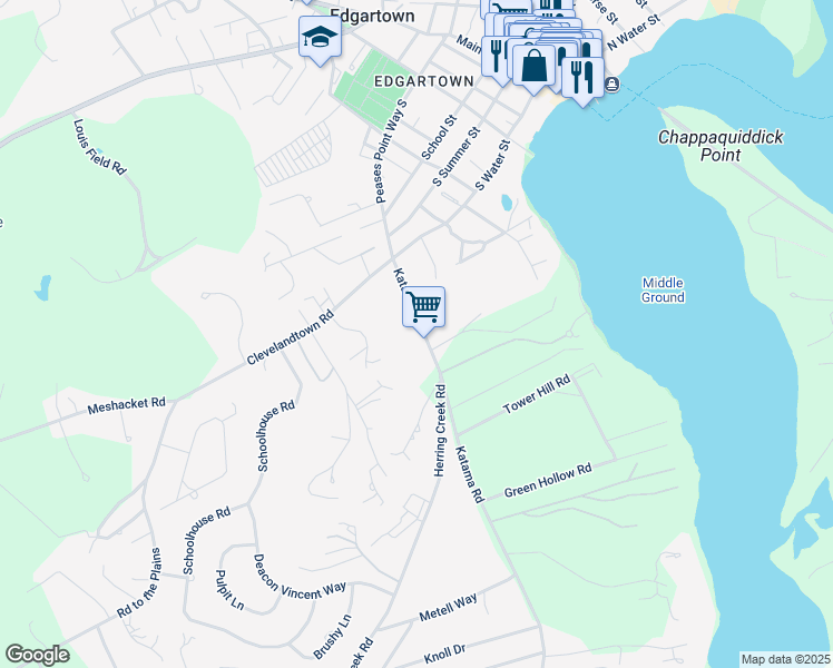 map of restaurants, bars, coffee shops, grocery stores, and more near 166 Katama Road in Edgartown