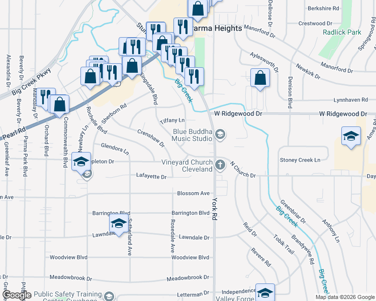map of restaurants, bars, coffee shops, grocery stores, and more near 6655 Kingsdale Boulevard in Parma Heights