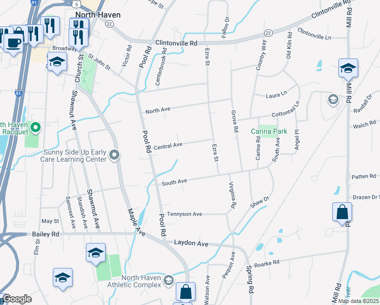 map of restaurants, bars, coffee shops, grocery stores, and more near 22 Central Avenue in North Haven