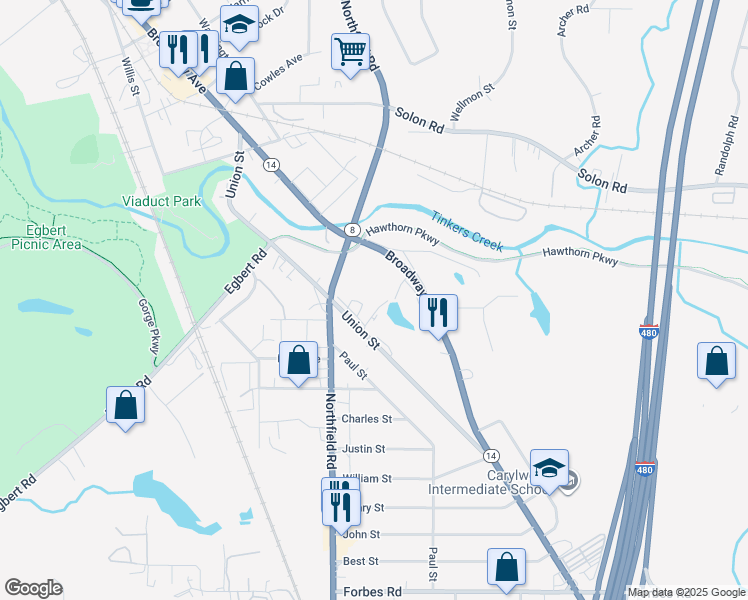 map of restaurants, bars, coffee shops, grocery stores, and more near 283 Union Street in Cleveland