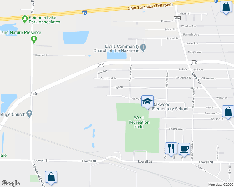 map of restaurants, bars, coffee shops, grocery stores, and more near 1037 Oakwood Drive in Elyria