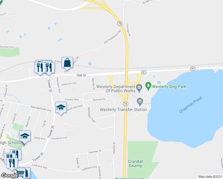 map of restaurants, bars, coffee shops, grocery stores, and more near 24 Maybrey Drive in Westerly
