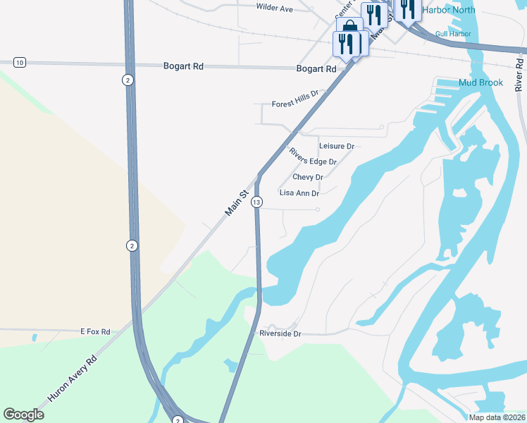map of restaurants, bars, coffee shops, grocery stores, and more near 1116 Mudbrook Road in Huron