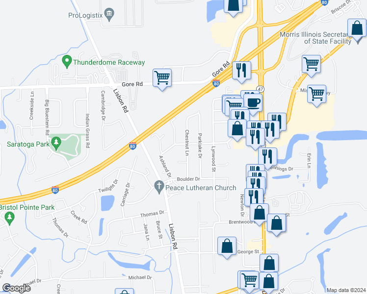 map of restaurants, bars, coffee shops, grocery stores, and more near 405 Meadowbrook Lane in Morris