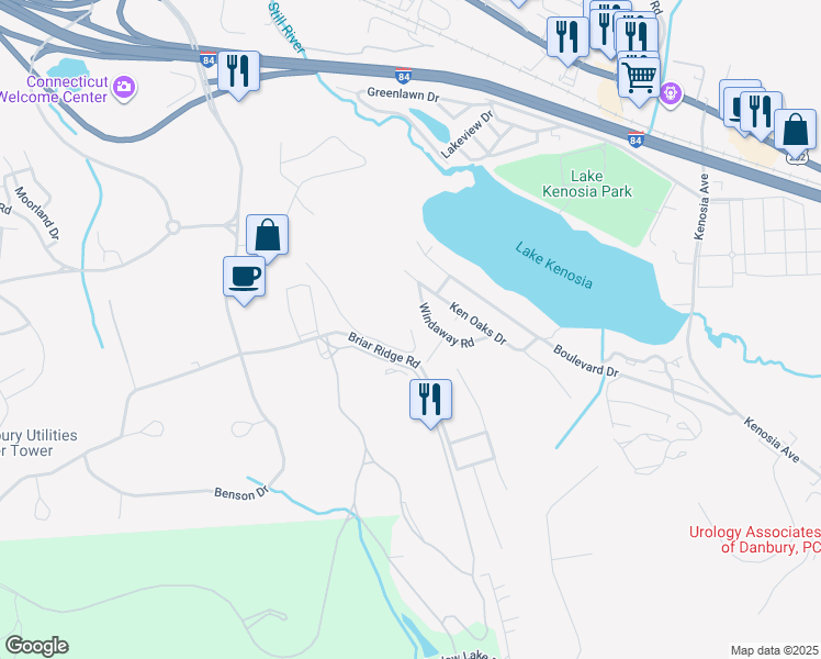 map of restaurants, bars, coffee shops, grocery stores, and more near 101 Avalon Lake Road in Danbury