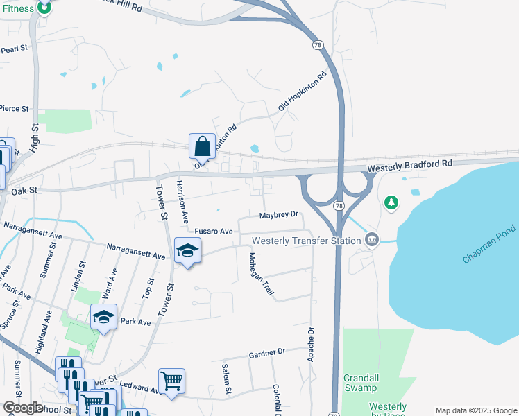 map of restaurants, bars, coffee shops, grocery stores, and more near 13 Spuchy Drive in Westerly