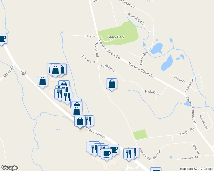 map of restaurants, bars, coffee shops, grocery stores, and more near 95 Dayton Road in Waterford