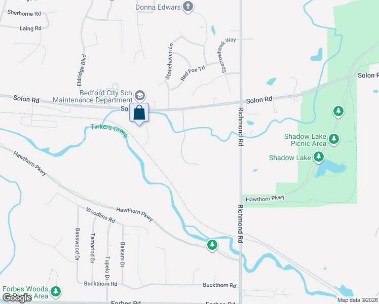 map of restaurants, bars, coffee shops, grocery stores, and more near 26101 Solon Road in Bedford