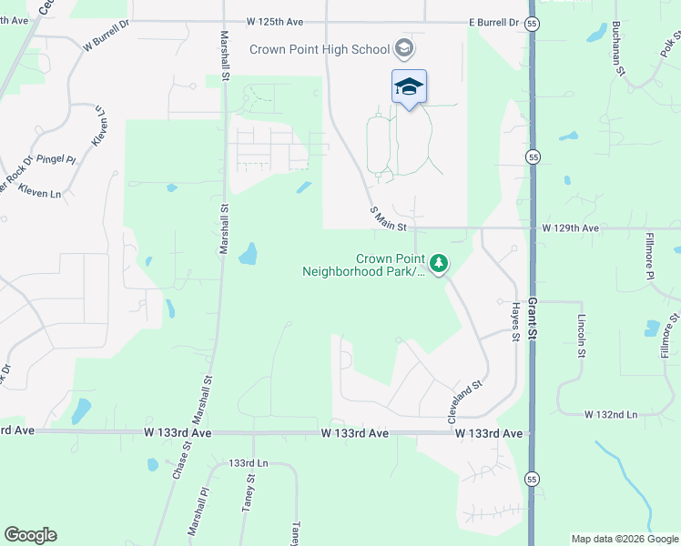 map of restaurants, bars, coffee shops, grocery stores, and more near 2301 West 129th Place in Crown Point