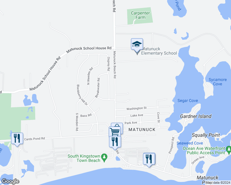 map of restaurants, bars, coffee shops, grocery stores, and more near 540a Matunuck Beach Road in South Kingstown