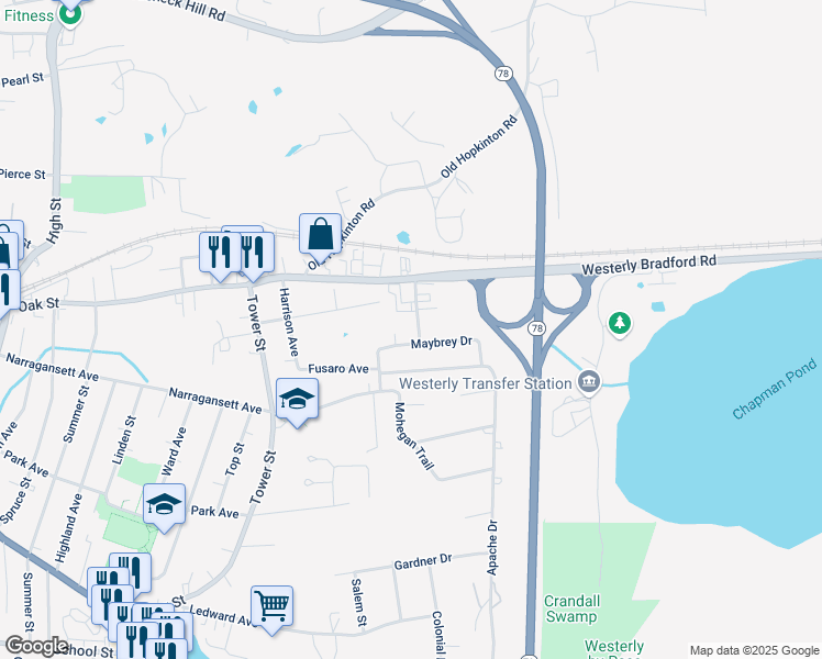 map of restaurants, bars, coffee shops, grocery stores, and more near 13 Spuchy Drive in Westerly