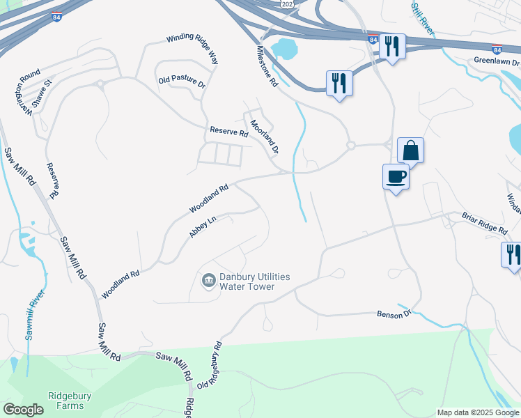 map of restaurants, bars, coffee shops, grocery stores, and more near 11 Abbey Lane in Danbury