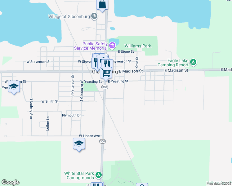 map of restaurants, bars, coffee shops, grocery stores, and more near 100 Meadow Lane in Gibsonburg