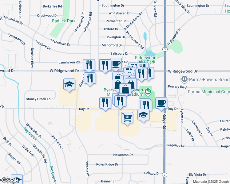 map of restaurants, bars, coffee shops, grocery stores, and more near 8060 Day Dr in Parma