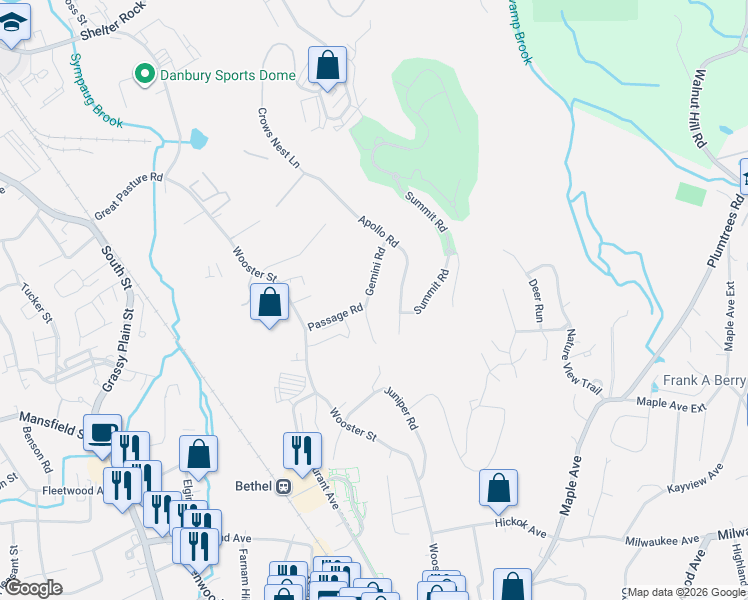 map of restaurants, bars, coffee shops, grocery stores, and more near 16 Gemini Road in Bethel