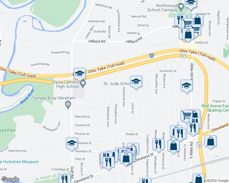 map of restaurants, bars, coffee shops, grocery stores, and more near 322 Pasadena Avenue in Elyria