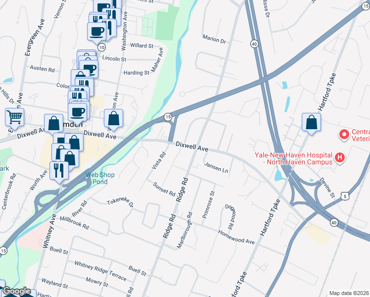 map of restaurants, bars, coffee shops, grocery stores, and more near 8 Norway Road in North Haven