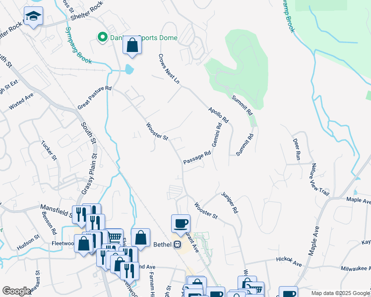 map of restaurants, bars, coffee shops, grocery stores, and more near 107 Wooster Street in Bethel
