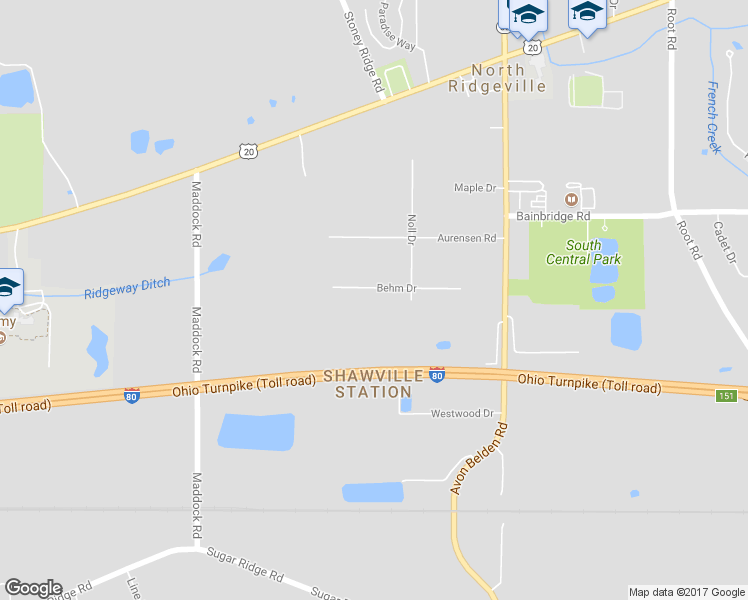map of restaurants, bars, coffee shops, grocery stores, and more near 36375 Behm Drive in North Ridgeville