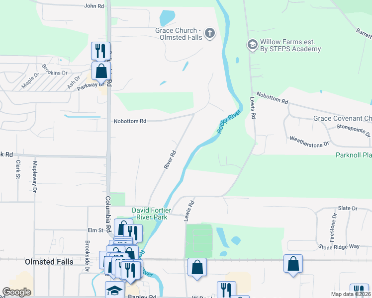 map of restaurants, bars, coffee shops, grocery stores, and more near 7503 River Road in Olmsted Falls
