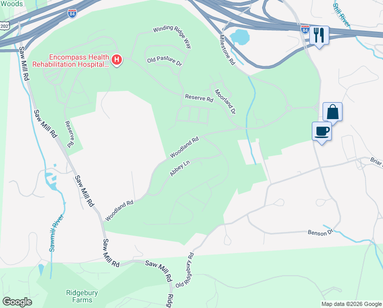 map of restaurants, bars, coffee shops, grocery stores, and more near 22 Abbey Lane in Danbury