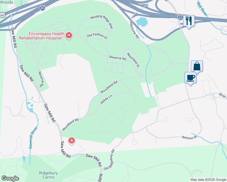 map of restaurants, bars, coffee shops, grocery stores, and more near 15 Abbey Lane in Danbury